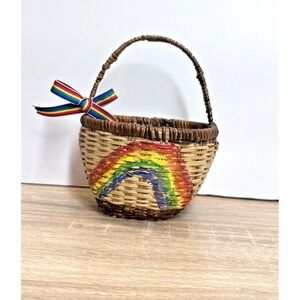 Mini Woven Wicker 5" Basket Rainbow‎ Handle Bow Cottagecore Decor